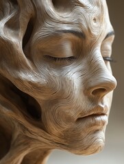Artistic wooden sculpture depicting a serene human face, intricately carved with flowing lines and natural woodgrain textures, symbolizing harmony with nature