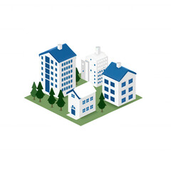 Fototapeta premium A colorful isometric illustration of a small urban area with various buildings and trees, representing modern architecture and city life in a harmonious environment.