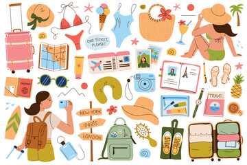 Collection of doodles and female characters, solo travel and travel packing. Suitcases, swimsuits, map. Girl on beach, woman with backpack, tropical vacation icons. Fun vector illustrations set
