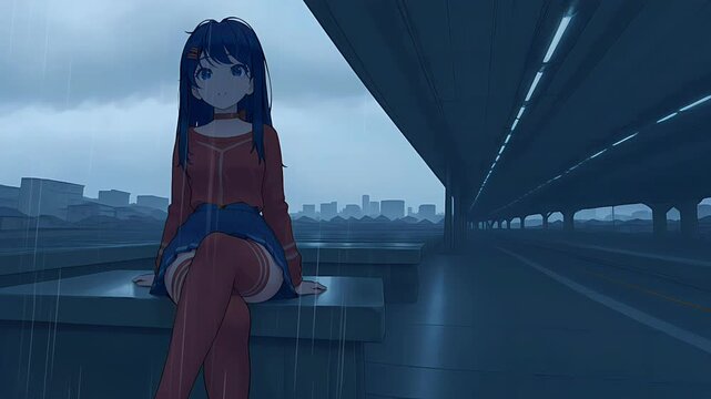 Cute anime girl with long hair against the background of rain, anime wallpaper