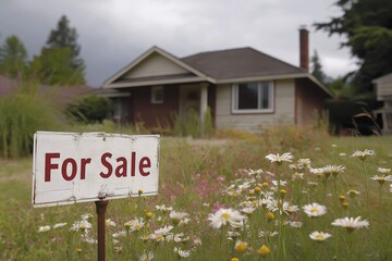 Beautiful suburban house with white flowers in the foreground and a visible for sale sign in the front yard