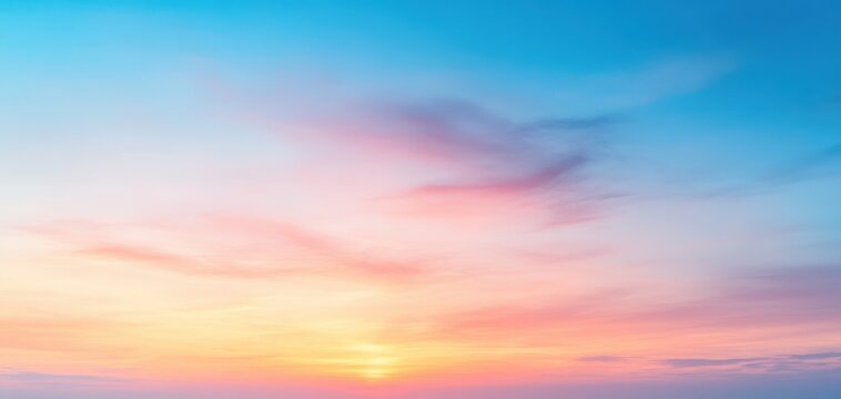 A breathtaking sunset view presents a vibrant sky painted in soft pink and blue hues, majestic 2025 sky panorama at dusk, where gold and purple hues blend during the magical blue hour before dark