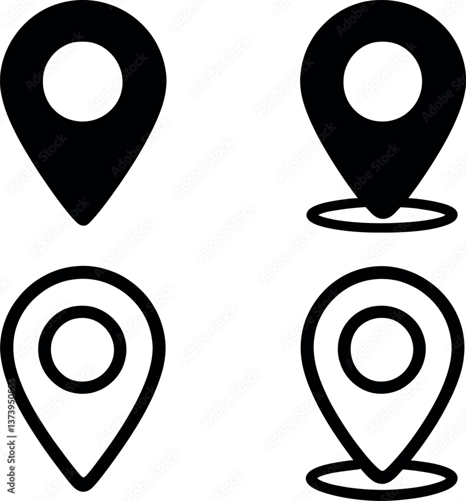 Poster different styles of location markers displayed in two variations with circular centers, ideal for ma