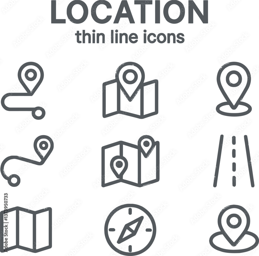 Poster overview of location icons showcasing maps, pins, and navigation elements designed in a minimalist s