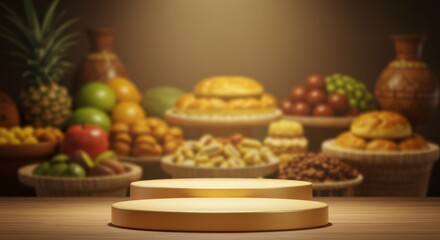 Fototapeta premium Elegant product display stage set against a background of diverse traditional food