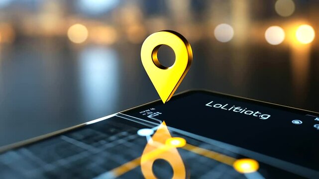 A mobile phone displaying a navigation app, zoomed in to show a central yellow location pin with smooth UI elements surrounding it.