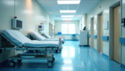 Blurred hospital corridor background with empty stretchers and medical equipment,  modern,  sterile