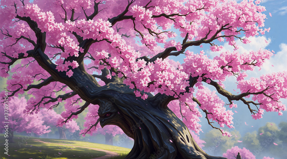 Poster large tree with pink blossoms stands in a field of green grass under a blue sky. the tree is in full
