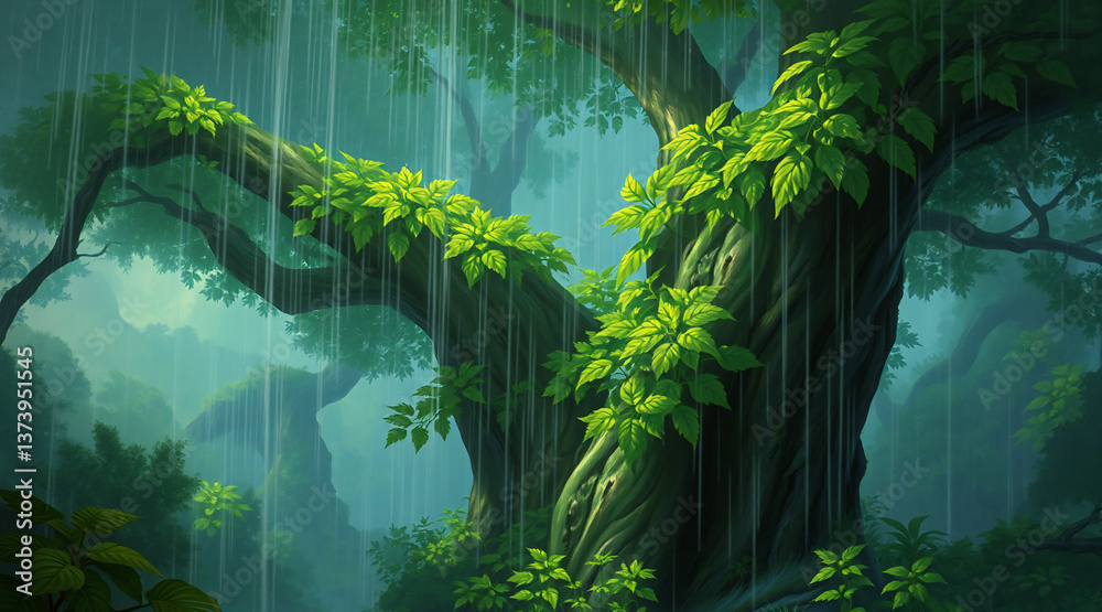 Poster a large tree with vibrant green leaves is drenched in a gentle rain within a dense forest setting, e