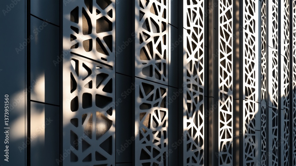 Poster a dynamic abstract building facade with intricate lattice patterns casting complex shadows.