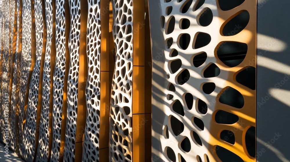 Poster a dynamic abstract building facade with intricate lattice patterns casting complex shadows.