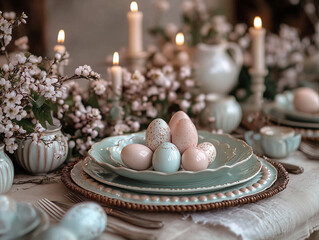 Naklejka premium An elegant Easter table setting with pastel-colored plates, candles, and Easter egg decorations