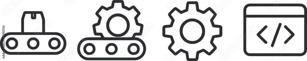 Poster icons representing machinery, software, and automation in a technical design context for digital app