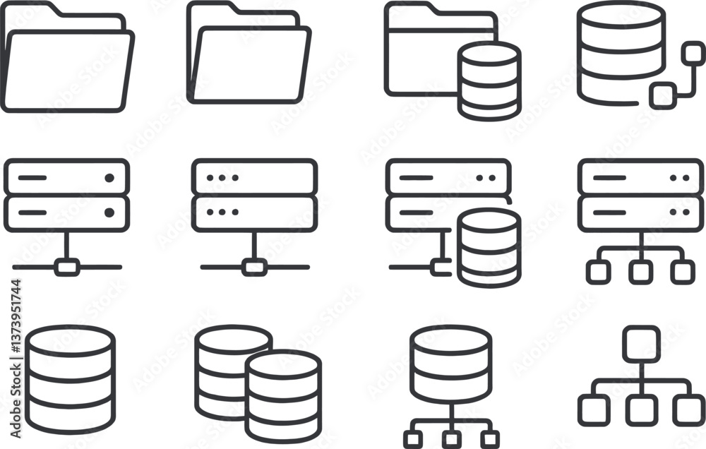 Poster collection of database and folder icons showcasing modern digital storage solutions and organization