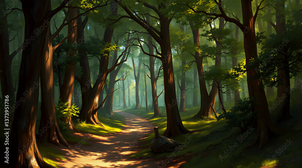 Poster a serene path meanders through a dense, green forest. sunlight filters through the tall trees, creat