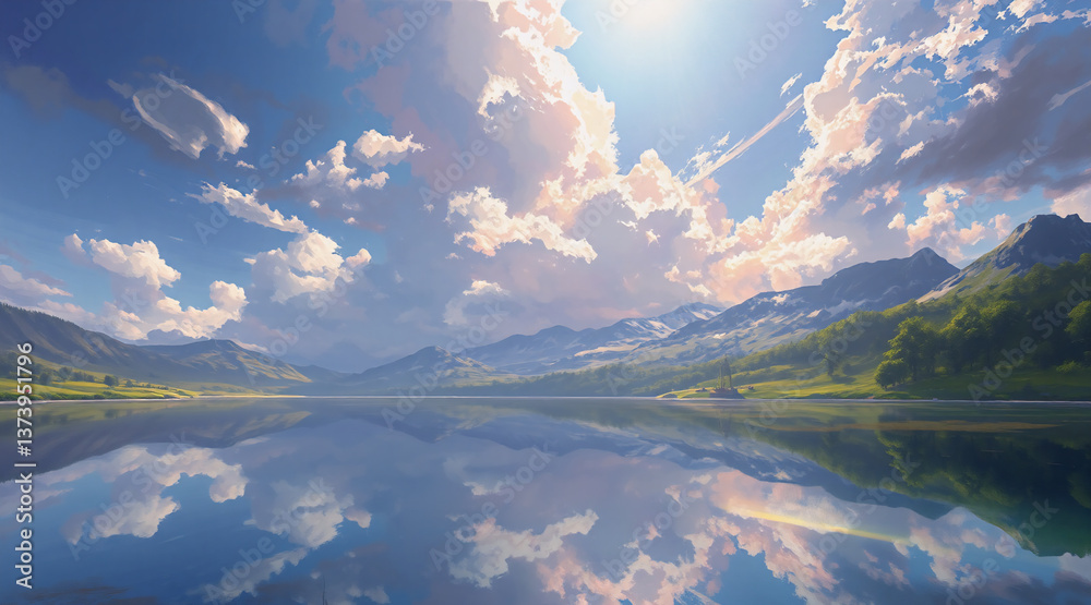 Poster a tranquil scenery of a wide lake mirroring a bright sky filled with soft clouds, surrounded by gree