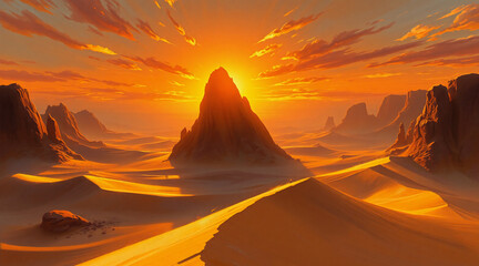 Naklejka premium A dramatic golden sunset illuminates a vast desert landscape. Jagged mountains and sweeping sand dunes are bathed in warm, vibrant light under an orange sky.