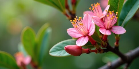 Obraz premium Close-up of buds and pink flowers on a eucalyptus leucoxylon megalocarpa tree, pink flowers, spring