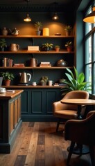Fototapeta premium Blurry background of a cozy coffee shop with dim lighting, vintage furniture, and shelves filled with books and decorative items, cozy, shelves