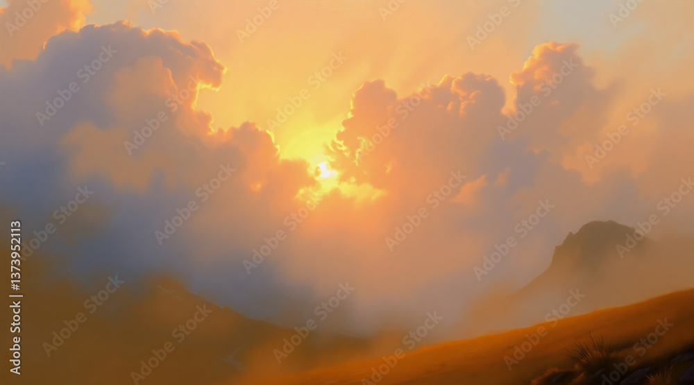 Poster golden light illuminates fluffy clouds over distant hills in a serene landscape scene. a warm and pe