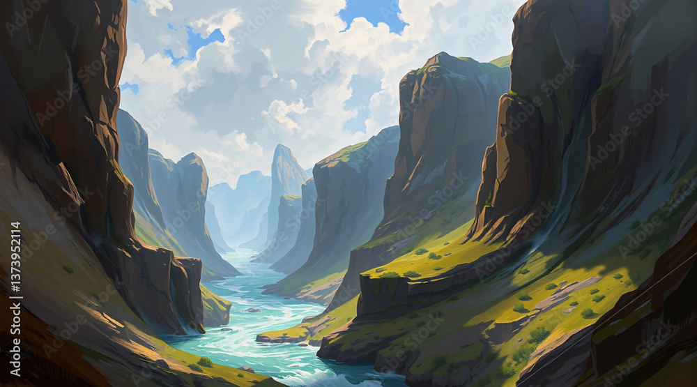 Poster a peaceful scenery of a canyon with a flowing river at its base. steep cliffs rise on both sides, sh