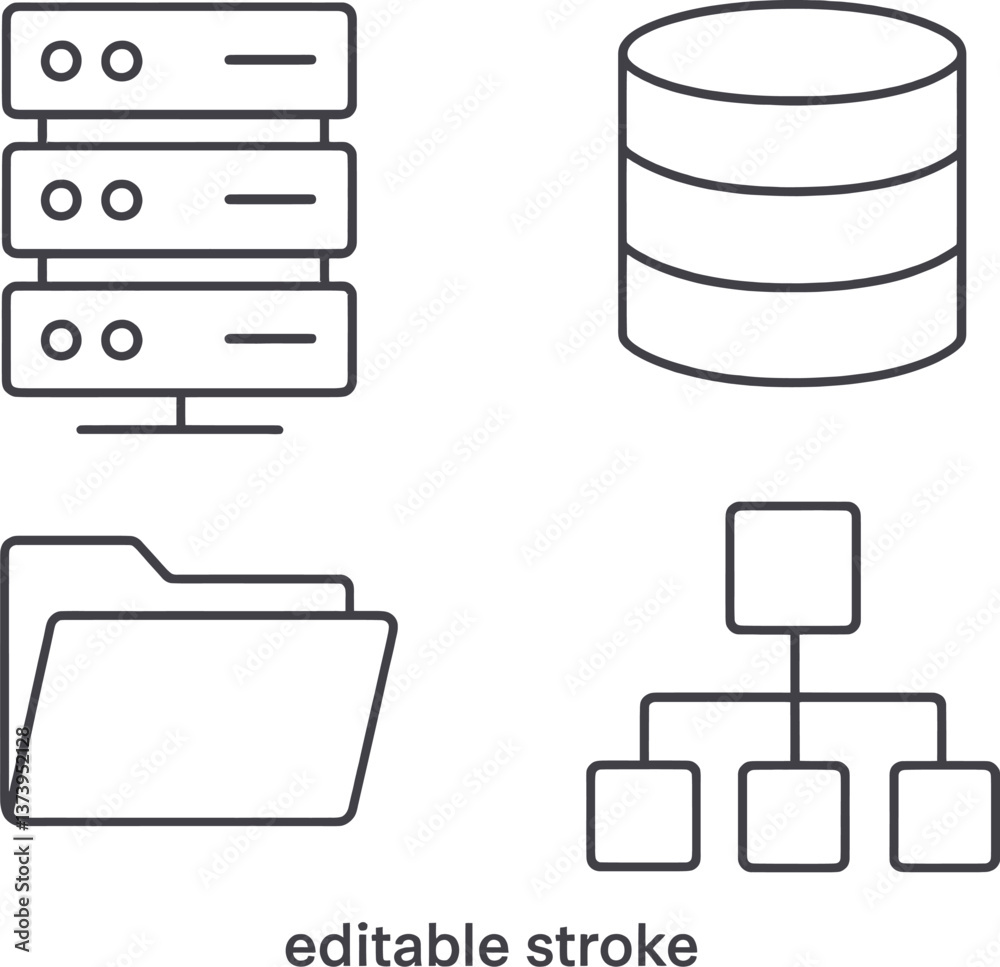 Poster data storage symbols showing server, database, folder, and diagram illustrating network structure wi