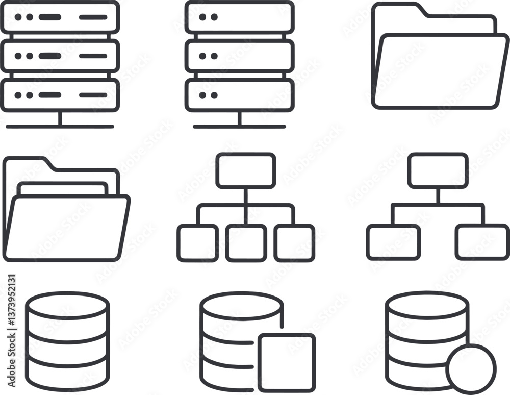 Poster overview of various data management icons illustrating server, folder, and database concepts in a si