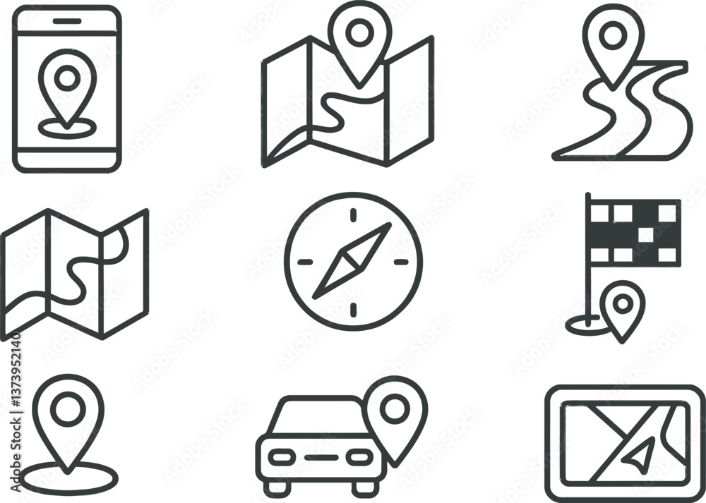 Poster icons representing navigation and mapping tools on a smartphone screen and paper map displayed toget