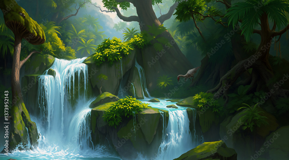 Aufkleber a beautiful waterfall flows over moss-covered rocks in a lush green jungle. tall trees and dense fol