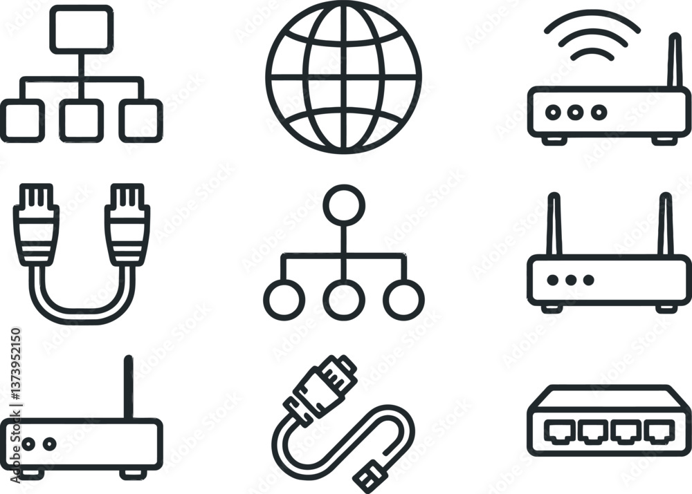 Poster network connection icons illustrating various components of internet technology and connectivity opt