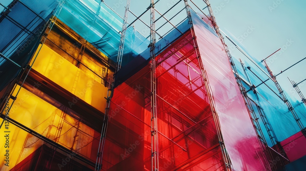 Poster a dynamic construction site with bold geometric forms and overlapping scaffolding in an abstract com