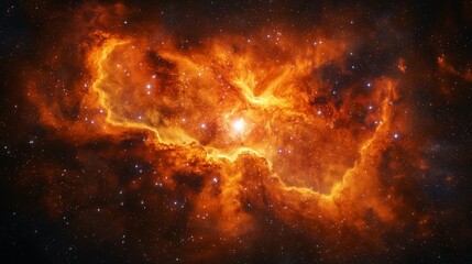 Captivating view of a fiery orange nebula in deep space, surrounded by countless stars and cosmic dust in the vast universe