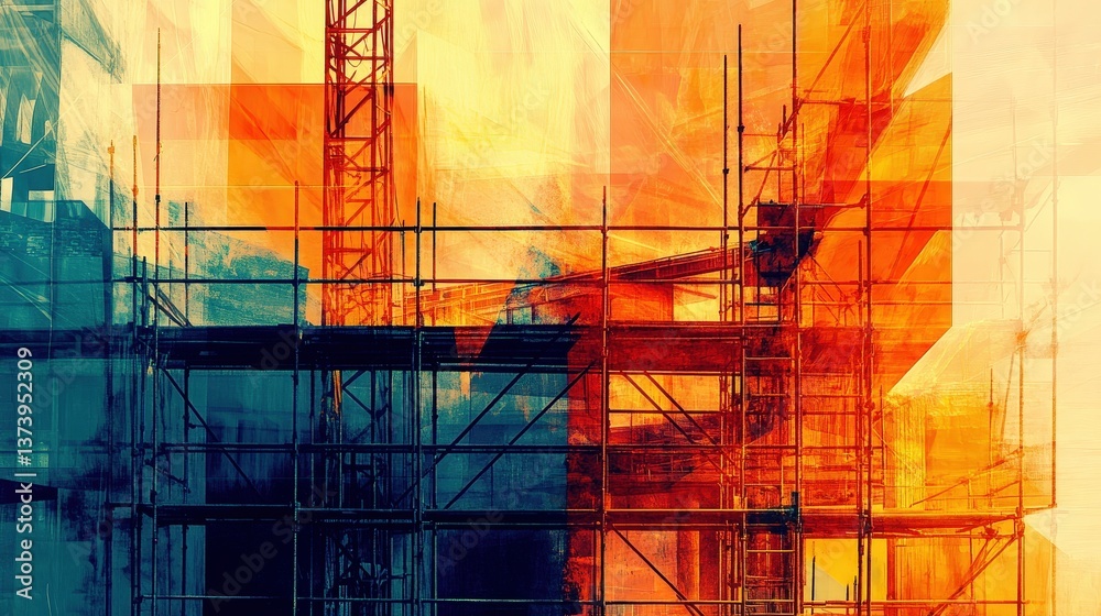 Poster a dynamic construction site with bold geometric forms and overlapping scaffolding in an abstract com