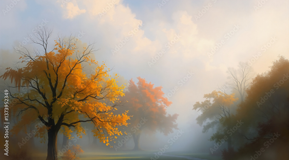 Poster Foggy autumn scene with colorful trees displaying vibrant fall foliage. A peaceful and calm atmosphere is created by the soft mist and muted sunlight.