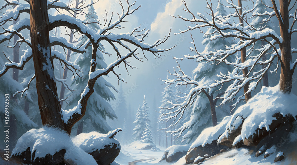 Poster A serene winter scene depicting a snow-covered forest with sunlight gently filtering through the branches, illuminating a small stream flowing through the snowy landscape.