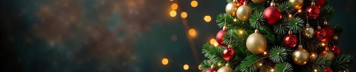 Fototapeta premium Festive Christmas poster background featuring a beautifully decorated Christmas tree surrounded by ornaments and lights, holiday, decorations