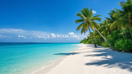 Tropical palm trees fringe a sun-kissed sand beach along the turquoise ocean