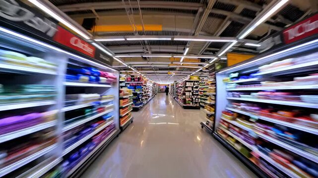 Dynamic grocery aisle journey captures vibrant colors and fastpaced shopping experience