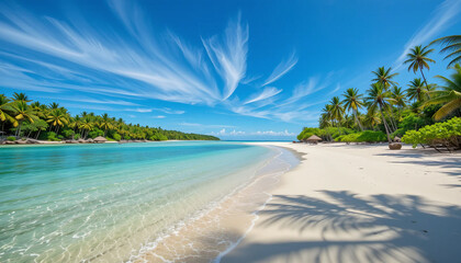 Blue lagoon paradise: tropical palm trees line white sand coast