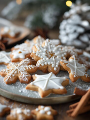 Fototapeta premium Holiday star-shaped cookies dusted with powdered sugar