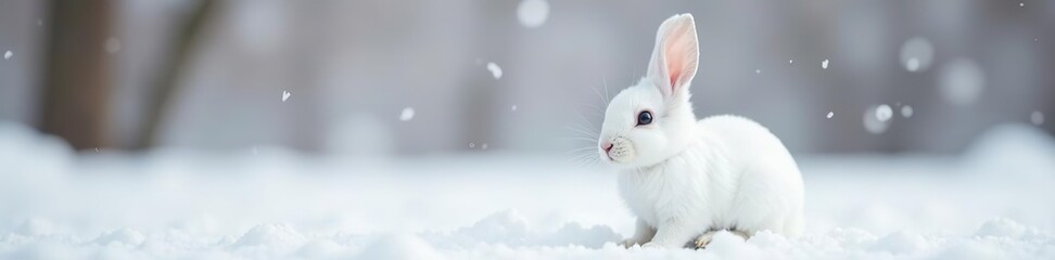 A cute white bunny sitting elegantly on a snowy white background,  small,  white