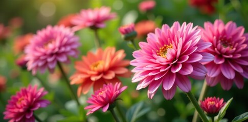Fototapeta premium Closeup of vibrant China Aster flowers in a summer garden, nature, botanical