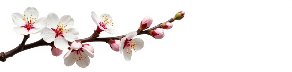 Blooming pear tree flowers on twig isolated on white background,  springtime,  nature