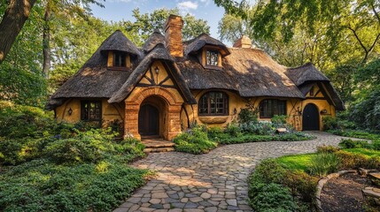 A fairy tale cottage with a thatched roof, a cobblestone path, and a whimsical garden