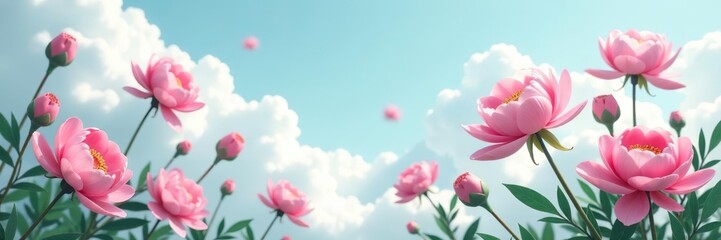 Obraz premium Flying flowers and plants in pastel pink and blue colors with clouds and peonies, stock photo, generative AI