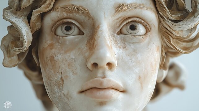 Close-up of a classical marble sculpture face with detailed expression and intricate curly hair, suggesting artistic craftsmanship and realism