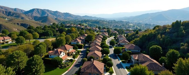 Aerial view of Simi Valley showcasing suburban homes and lush greenery,  cityscape,  aerial view