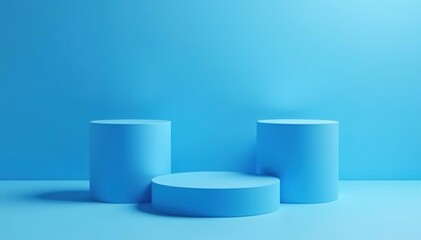Blue cylindrical platforms of different heights arranged neatly on a blue background for product display,  presentation,  cylindrical