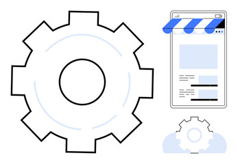 Large gear combined with online storefront elements, illustrating digital business processes. Ideal for optimization, e-commerce, automation, technology, process management, innovation, flat simple