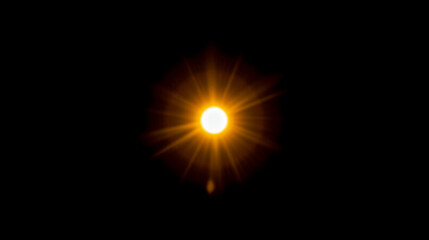 Obraz premium Bright sunlight overlay, glowing sun rays, solar flare effect, cosmic sphere, black background, radiant energy, shining orb, sunburst illumination, celestial light, abstract overlay